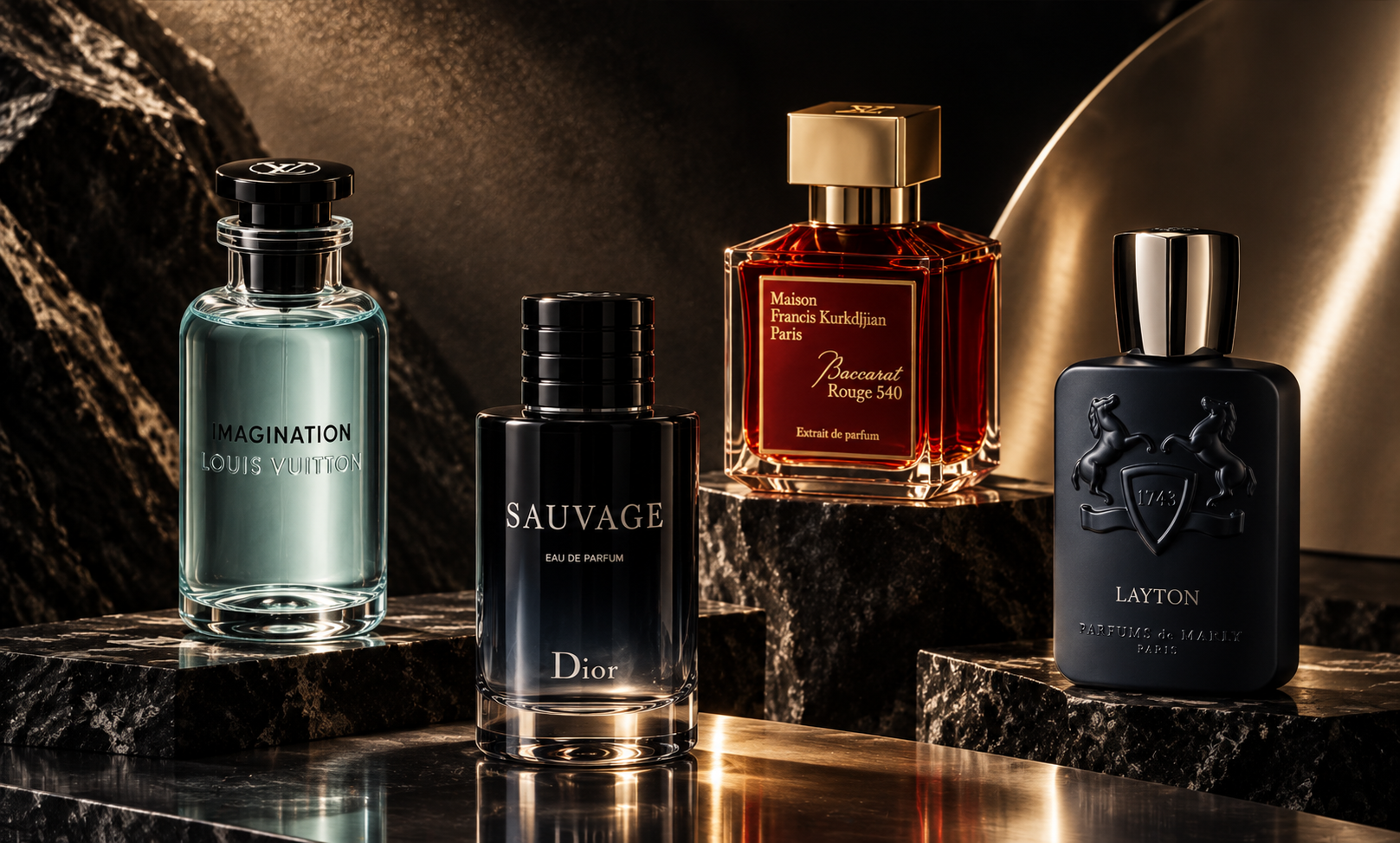 Four luxury fragrance bottles on black marble
